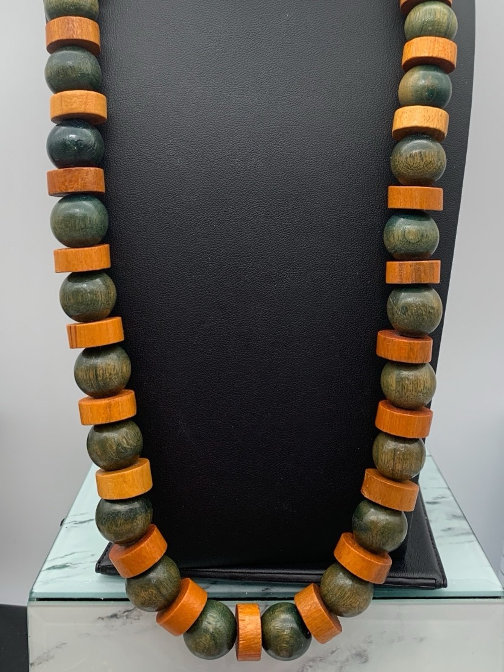 Handcrafted over the head chunky Green and Orange Wood Bead Necklace 26 inches